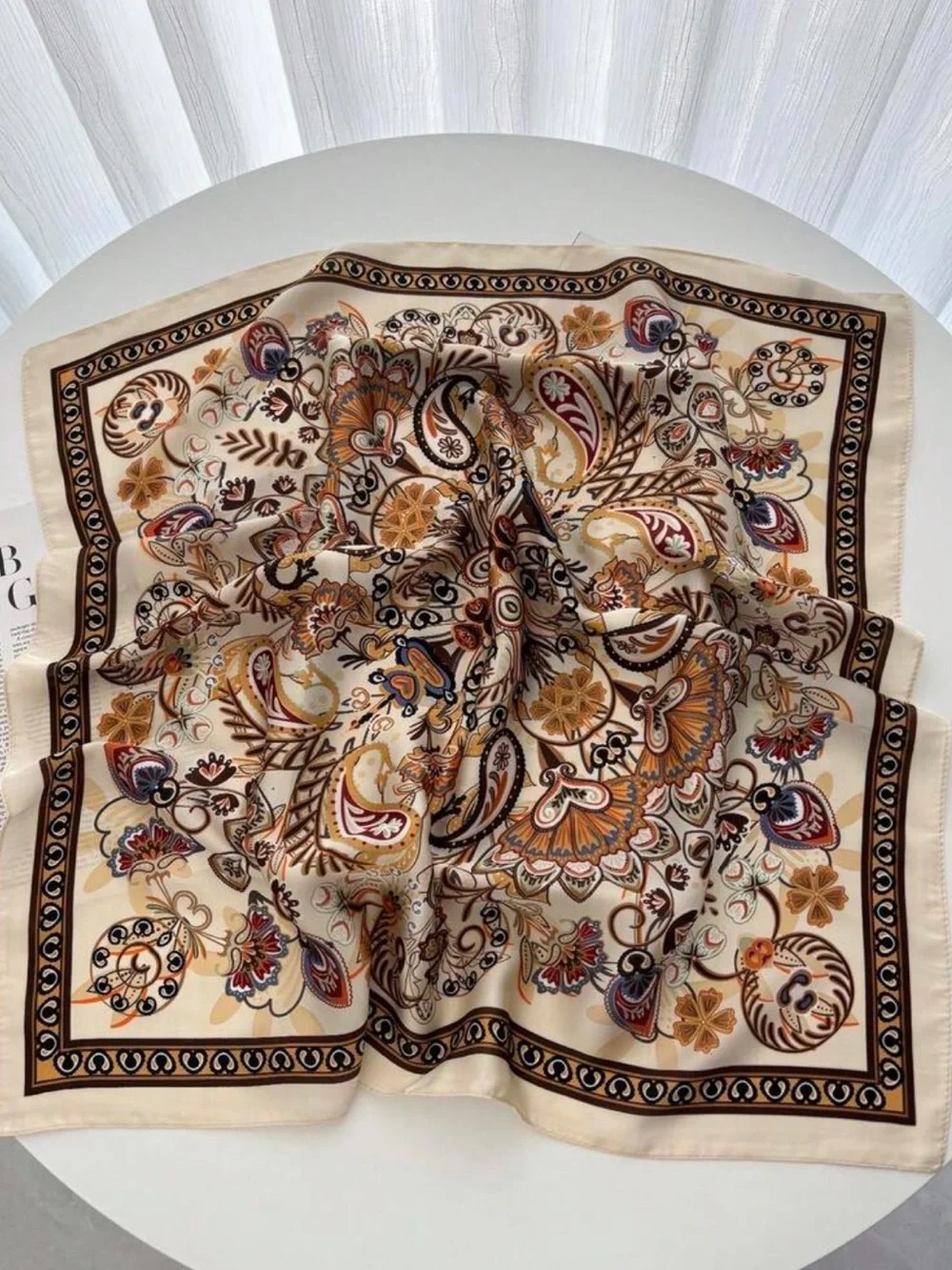 Elegant Khaki Paisley Silk Scarf - Women Accessories 27.5”